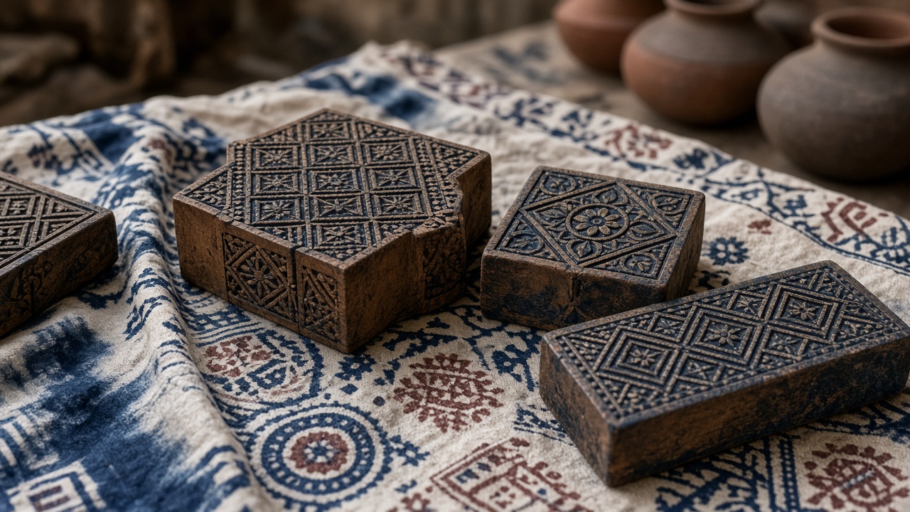 Carved wooden printing blocks resting on printed cotton